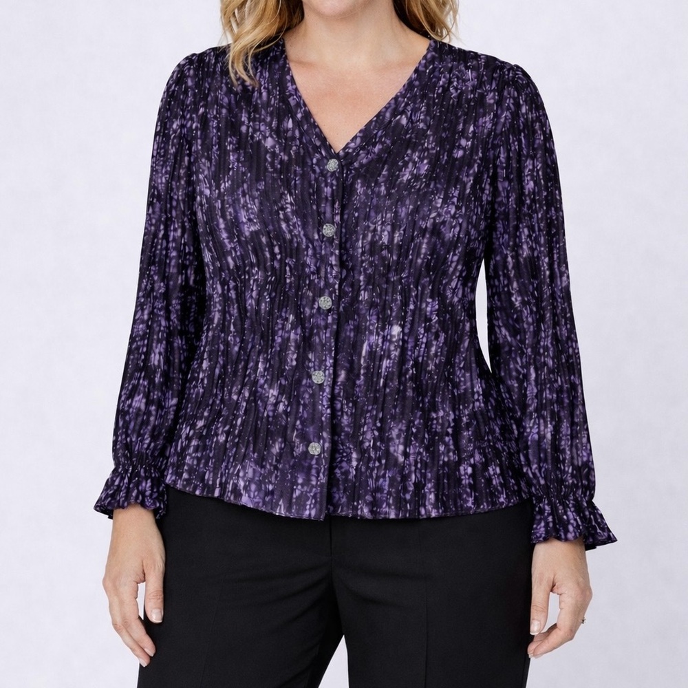 Rio & Rian Purple Black Pleated Blouse Long Sleeve Ruffle Cuff Top Medium